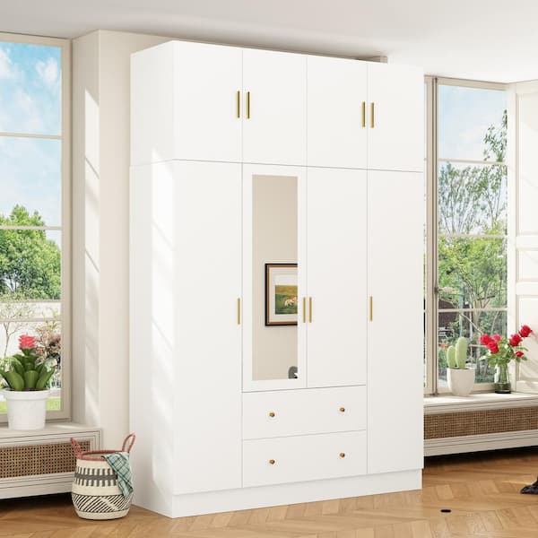 White Wood 63 in. W 8-Door Big Armoires With Mirror, 2 Hanging Rods, 2 Drawers, Storage Shelves (94.5 in. H)