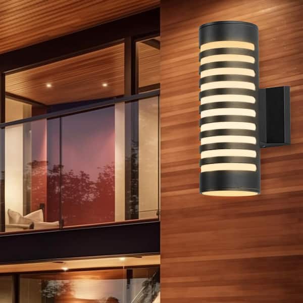 12 in. 2-Light Black Outdoor Sconce Lights, Cylinder Porch Light, Modern E26 Base Outdoor Light Fixtures Wall Mount