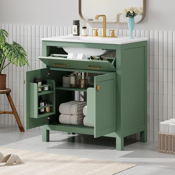30 in. W x 18.3 in. D x 33.59 in. H Single Sink Freestanding Bath Vanity in Green with White Ceramic Top and Storage