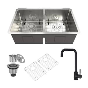 32 in. Drop-In Undermount Double Bowls 18-Gauge Brushed Stainless Steel Kitchen Sink with Faucet and Accessories