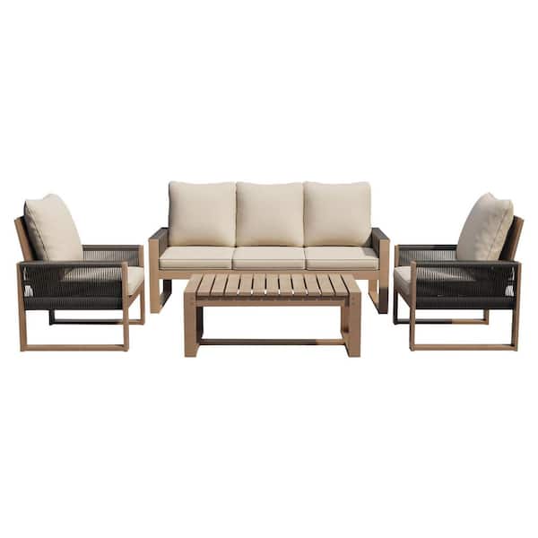 4-Piece Wicker Patio Parlor Set with, 3-Seater Sofa, Single Sofa, Coffee Table and Beige Olefin Cushions