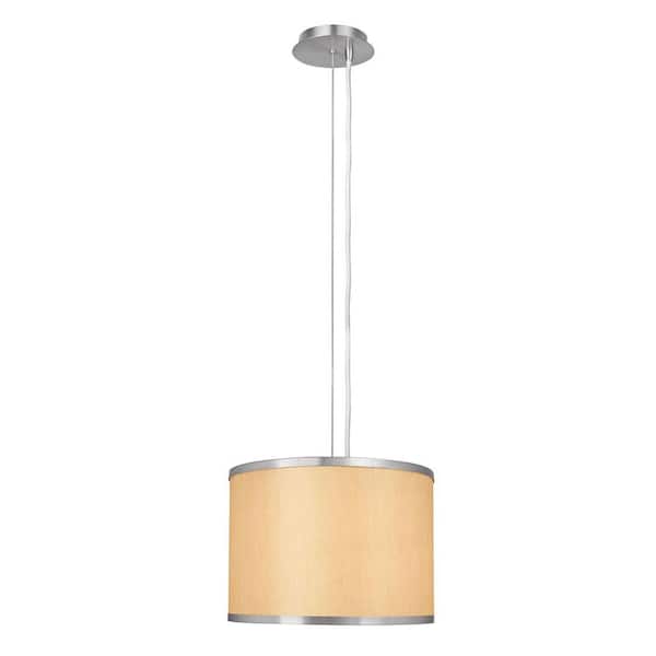1-Light Beige and Brushed Steel Pendant with Drum Shade