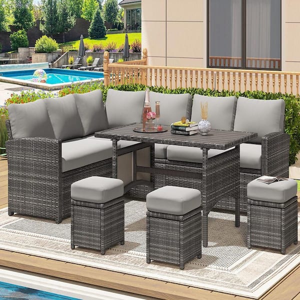 Zeus & Ruta 7-Piece Gray Wicker Patio Conversation Set with Gray Cushions Dining Table and 3 Stool for Backyard, Poolside