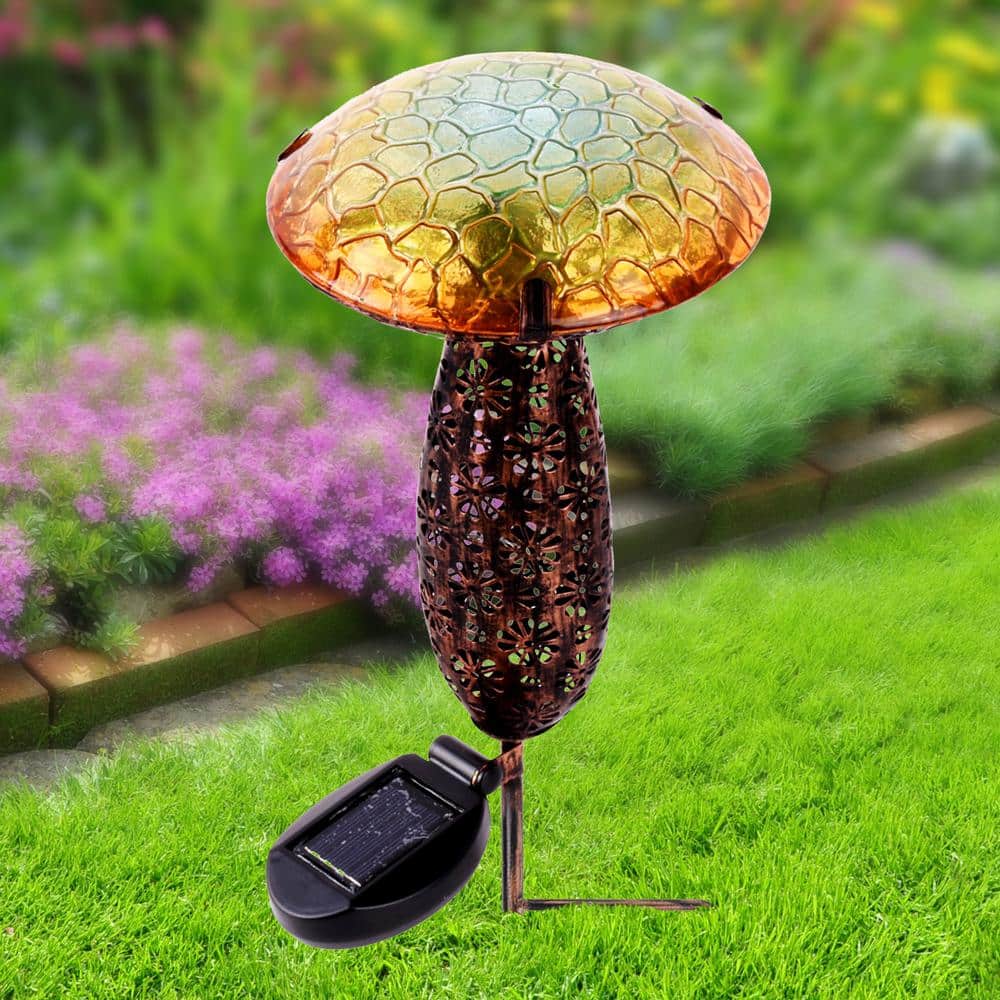 Yellow and Green Metal and Glass Solar Mushroom Stake with LED