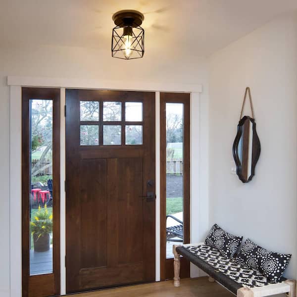 6 in. 1-Light Black Semi-Flush Mount Ceiling Light with Cage Shade for Porch Hallway