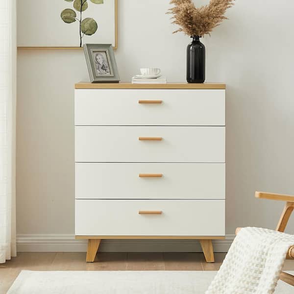 31.5 in. Natural Brown Wood Frame with 4-Drawer White Accent Storage Cabinet Drawer Cabinet Bar Cabinet Organizer