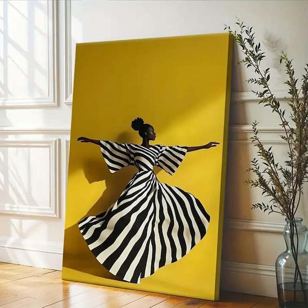Modern Abstract Black & White Stripes Canvas Wall Art-40*28Warm Yellow  Framed Contemporary Female Figure Painting. DDFQ1415331-5 - The Home Depot