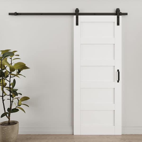 32 in. x 80 in. Waterproof 5 Panel White MDF No Assembly Required Barn Door Slab with Hardware Kit and Soft Close