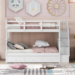 White Stairway Twin-Over-Twin Bunk Bed with Three Drawers, Sturdy Wood Kid Bunk Bed Frame With Staircases