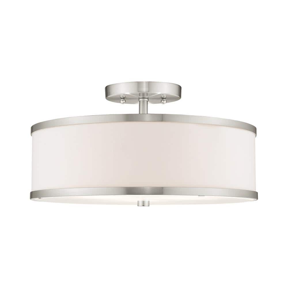 Brushed Nickel 3-Light Drum Ceiling Mount with White Hardback Shade