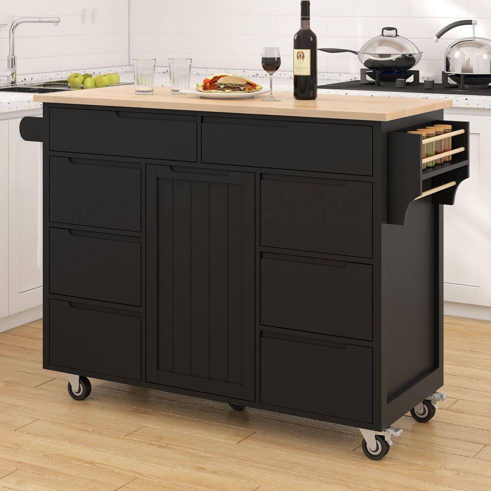 Rolling Black Rubber Wood Countertop 53 in. Kitchen Island Cart with 8 Handle-Free Drawers, 5 Wheels price history on PriceWatchPro