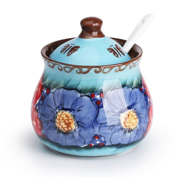 Artisanal Garden 9 fl. oz. Glazed Blue Ceramic Sugar Bowl with Lid Spoon for Home in Gift Box, Kitchen Decor (Set of 1)