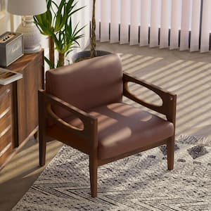 Mid-Century Modern Brown PU Leather Upholstered Accent Chair with Rubber Wood Frame, Natural Veining Pattern
