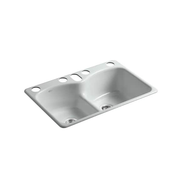 KOHLER Langlade Smart Divide Undermount Cast-Iron 33 in. 6-Hole Double Bowl Kitchen Sink in Ice Grey