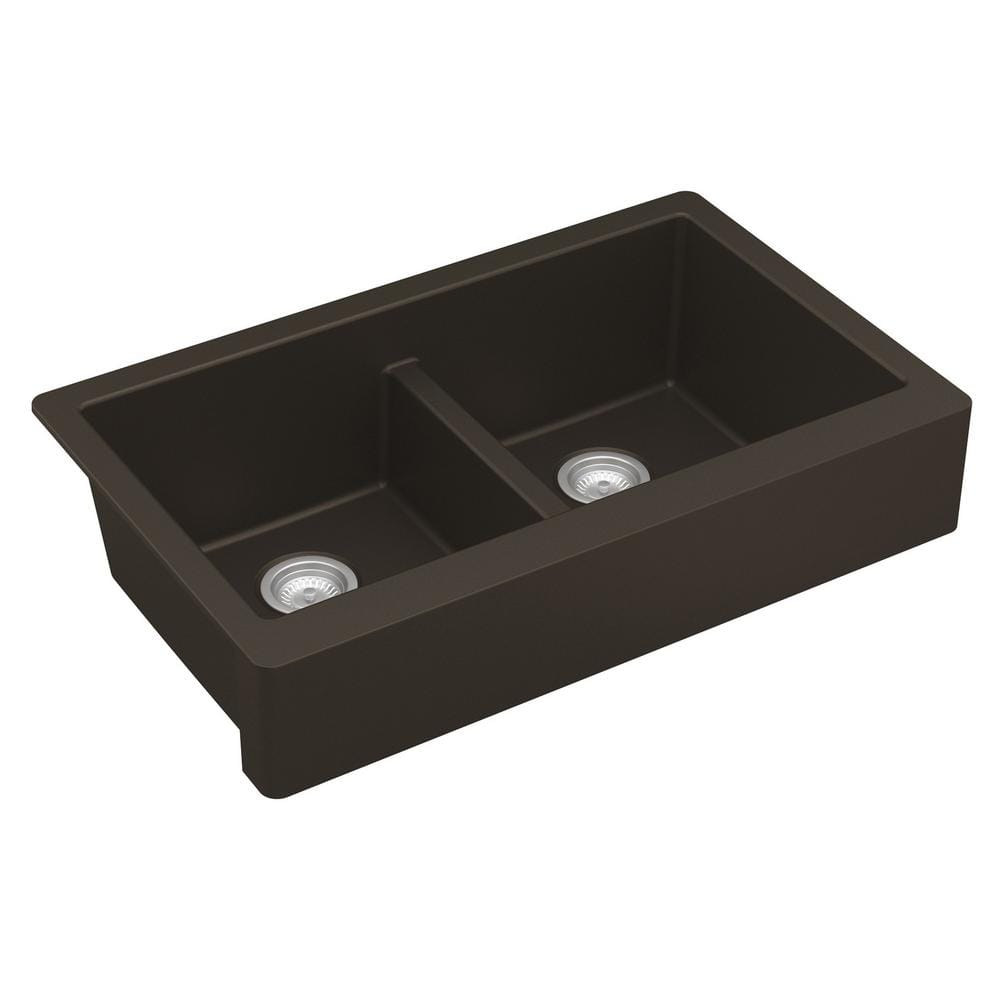 Brown Quartz Composite Farmhouse Double Bowl Kitchen Sink