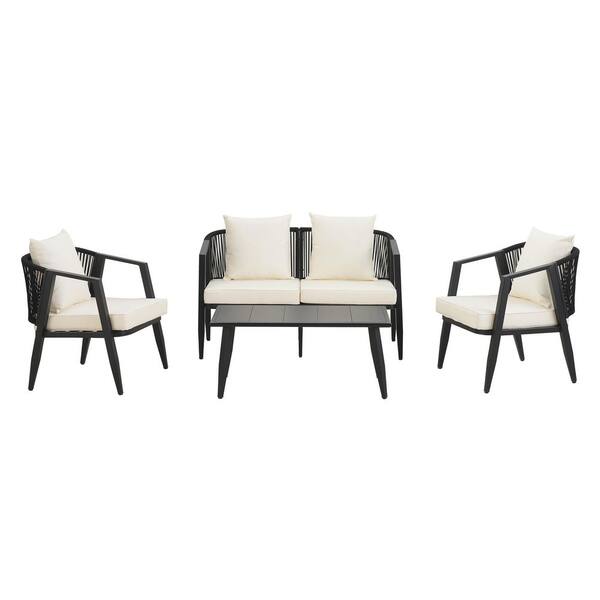 Beige 4-Piece Wicker Patio Conversation Set with CushionGuard Tan Cushions