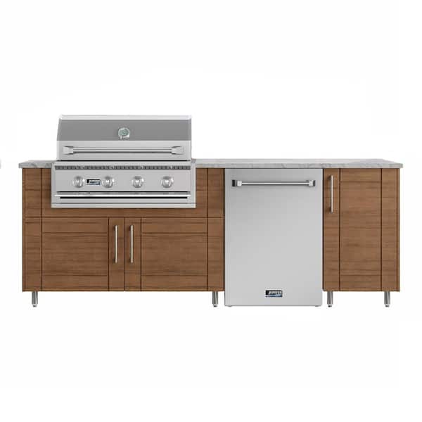 Sundown 90.5 in. W 4-Burner Propane Grill Island in Sanibel Teak Brown with Refrigerator and Propane Cabinet