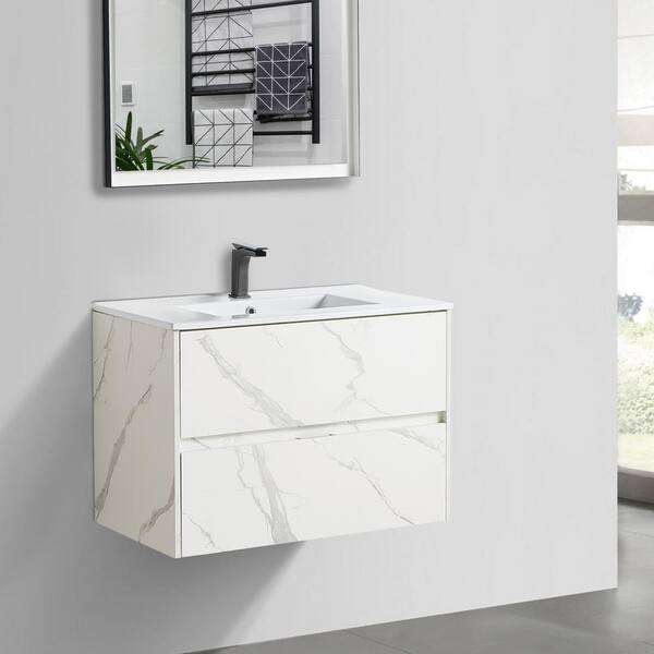 31 Black & White Floating Bathroom Vanity Faux Marble Top Ceramic