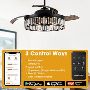 52 in. Indoor Matte Black Smart Crystal Ceiling Fan Fandelier with Light and Remote, Works with Google Home/Alexa/Tuya