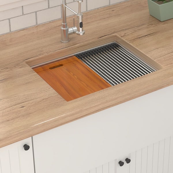 24 in. Undermount Single Bowl 16 Gauge Brushed Nickel Stainless Steel Kitchen Sink with Bottom Grids