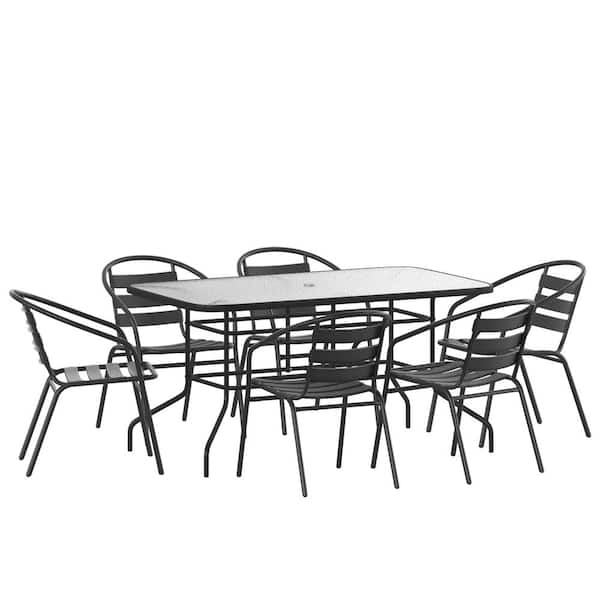 Carnegy Avenue Black Lila 7-Piece Glass Patio Table and Chairs Set, Outdoor Dining Set with Umbrella Hole Table and 6 Slat Back Chairs