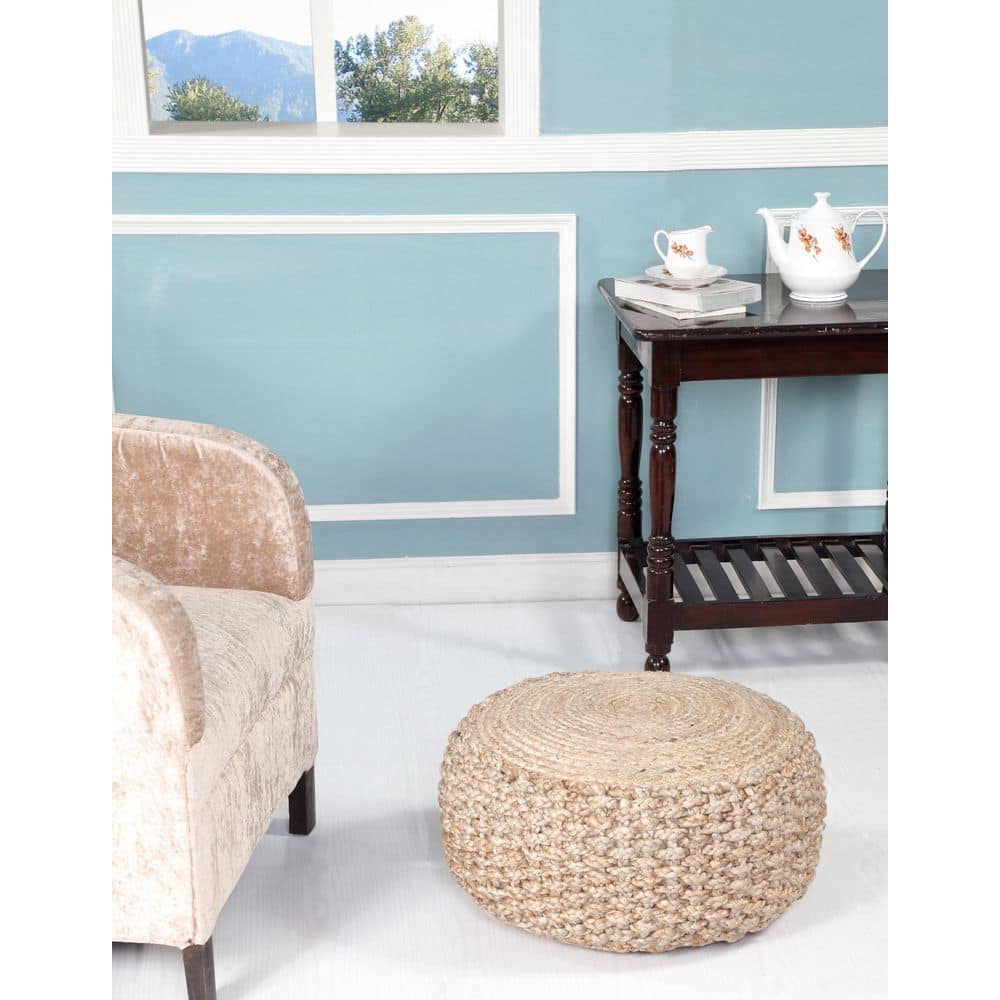 Natural Jute Round Pouf with Braided Design, 20"