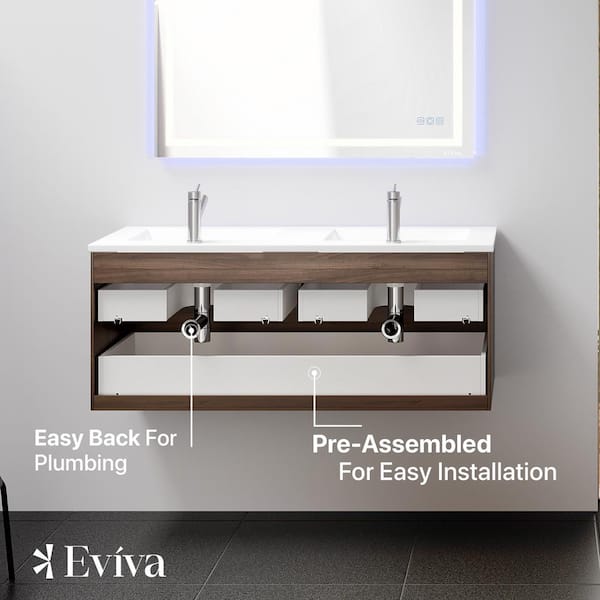 Eviva Bloom 48 in. W x 18 in. D x 34 in. H Double Sink Floating Bath Vanity in Pine Gray with White Porcelain Top
