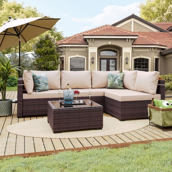 5-Piece Wicker Patio Conversation Sectional Seating Set with Beige Cushions