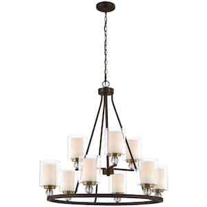 Studio 5 9-Light Painted Bronze with Natural Brushed Brass Chandelier with Clear Glass Shade