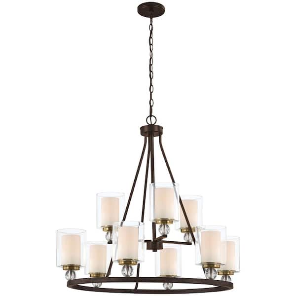 Minka Lavery Studio 5 9-Light Painted Bronze with Natural Brushed Brass Chandelier with Clear Glass Shade