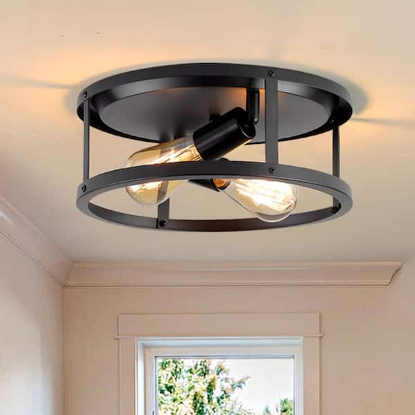 GMGSROM 12.7 in. 2-lights Matte Black Flush Mount Ceiling Light Fixtures With Cage-style Straight Metal Frame