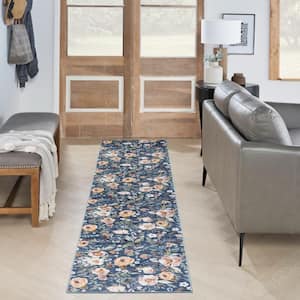 Washables Navy Multicolor 2 ft. x 8 ft. Botanical Traditional Runner Area Rug