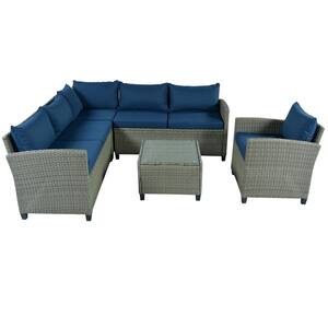 5-Piece Wicker Patio Outdoor Conversation Set with Coffee Table, Single Chair and Blue Cushions