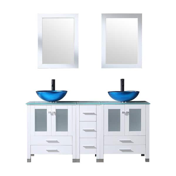 60 in. W x 21.5 in. D x 61 in. H Double Sinks Bath Vanity in White with Glass Top and Mirror