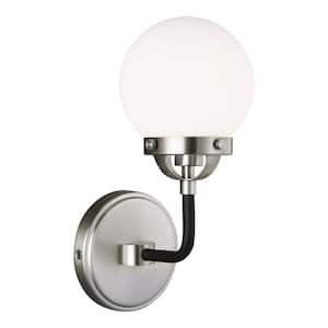 Cafe 1-Light Brushed Nickel Sconce with Etched/White Glass Shade and Matte Black Frame Accents