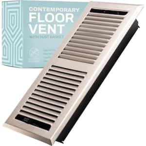 Contemporary 4x10 Inch Decorative Floor Register Vent with Mesh Cover Trap, Satin Nickel