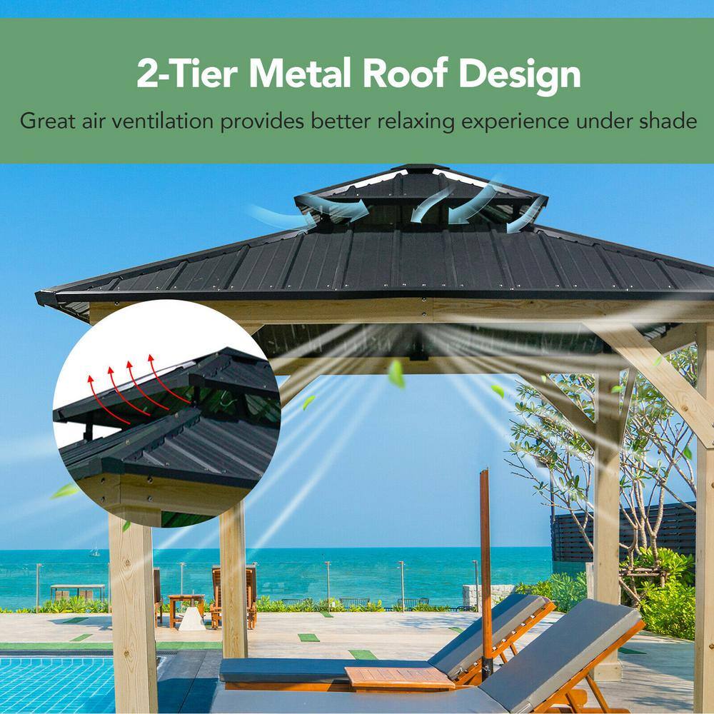 10'x10' Gray Steel Roof Solid Wood Frame Patio Gazebo