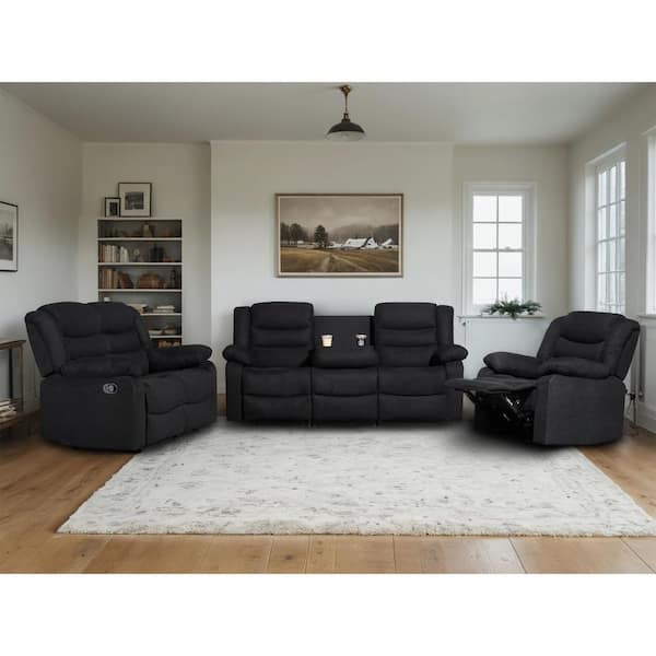 Ellesophas 3 Piece Fabric Black Manual Reclining Sofa Set with Drop-Down Table and Cup Holders,Living Room Set