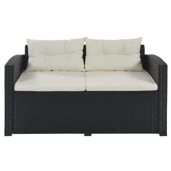 Cesicia Black 9-piece Wicker Patio Conversation Set with Beige Cushion and Glass Tabletop Coffe Table