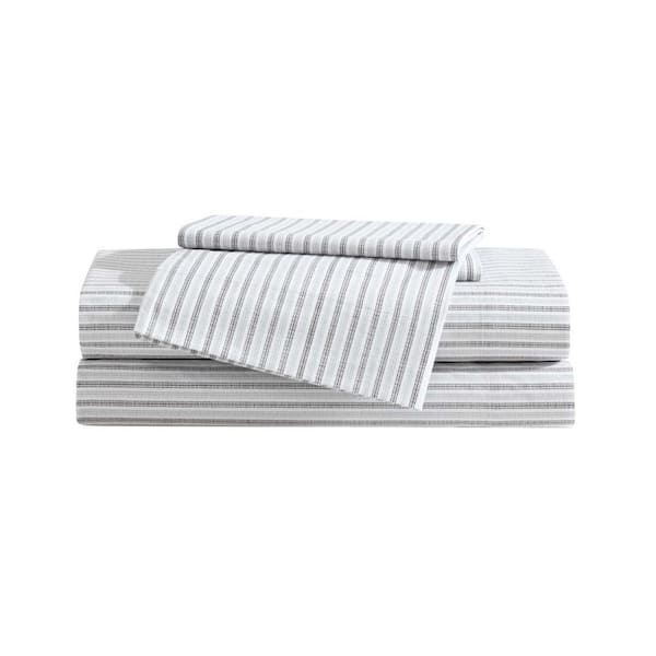 Ticking Stripe 4-Piece Grey 100% Cotton King Sheet Set