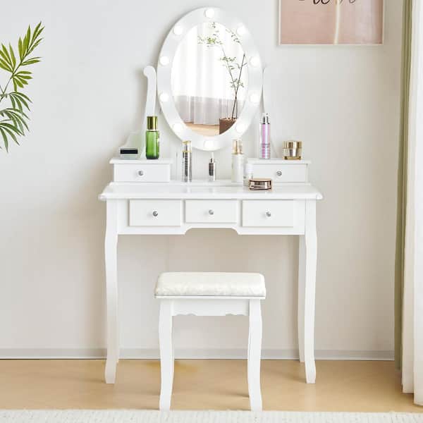 White Makeup Vanity Set with 3-Color Dimmable Lighted Mirror and Power Outlet