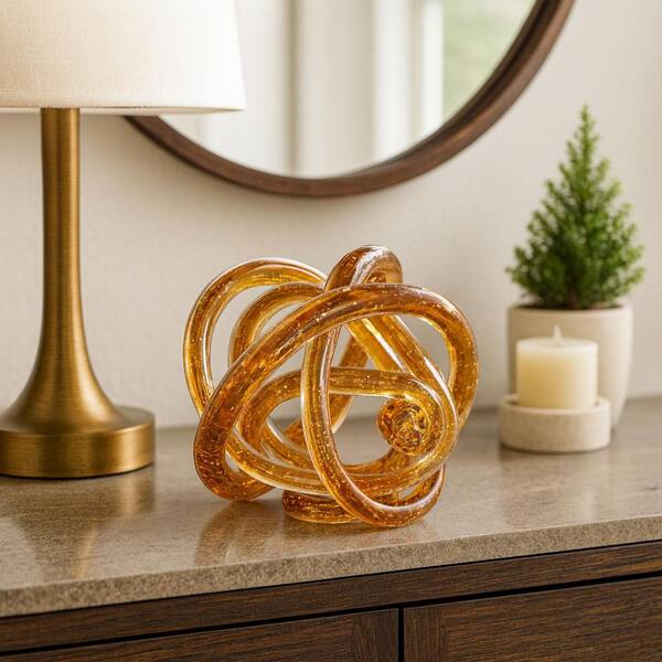 Liv & Skye Orange 6 in. x 6 in. Glass Amber Knotted Sculpture