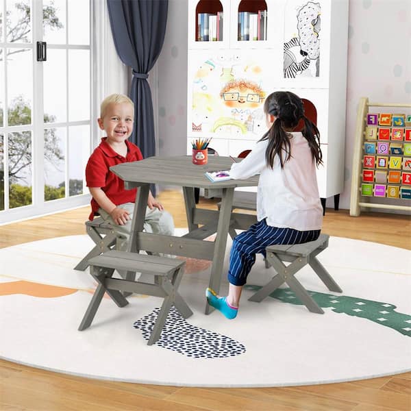 6-Piece Wood Top Kids Grey Picnic Table Set with Octagon Table 4 Stools and Removable Adjustable Umbrella