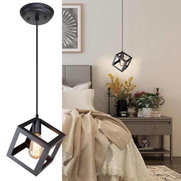 Modern Industrial Matte Black Square Pendant 1-Light Minimalist Chandelier Flush Mount for Kitchen Island LED Compatible