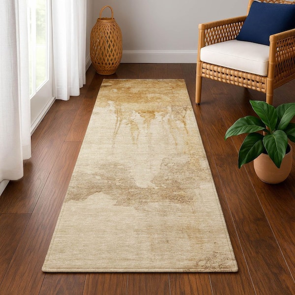 Mayfield Premium Machine Washable Abstract AMF1791 Gold 2 ft. 3 in. x 7 ft. 6 in. Runner Rug
