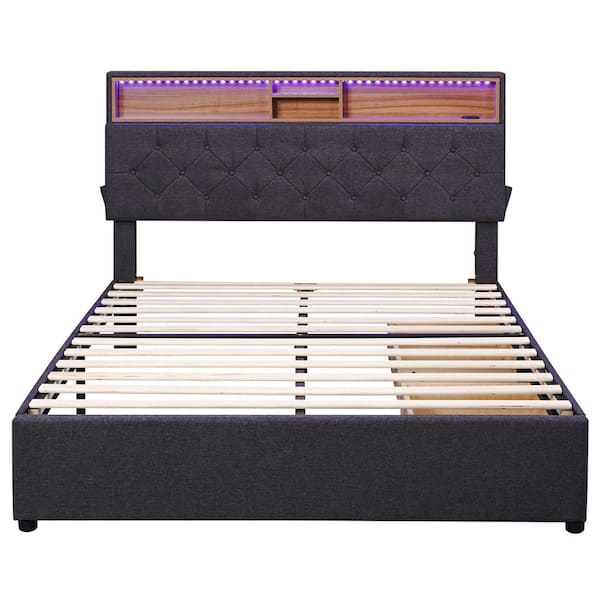 Nestfair Dark Gray Linen Wood Frame Full Size Platform Bed with Storage Headboard and USB Charging