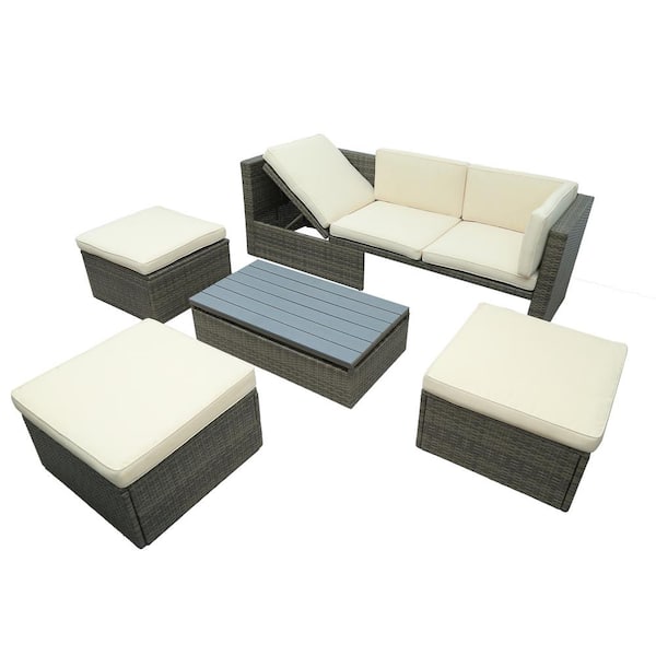 Zeus & Ruta 5-Piece Brown Wicker PE Rattan Adjustable Outdoor Sectional Sofa Set with Gray Cushions, Ottomans, Lift Top Coffee Table