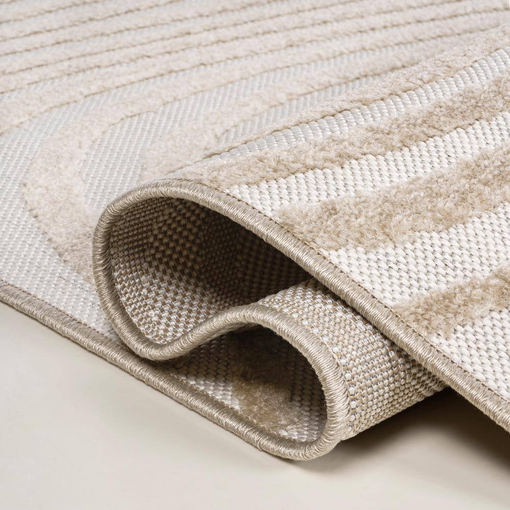 Beige and Cream High-Low Striped 3x5 Synthetic Area Rug