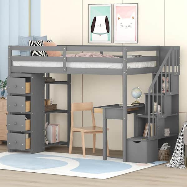 Polibi Twin size Loft Bed with Storage Drawers, Desk and Stairs, Wooden Loft Bed with Shelves-Gray