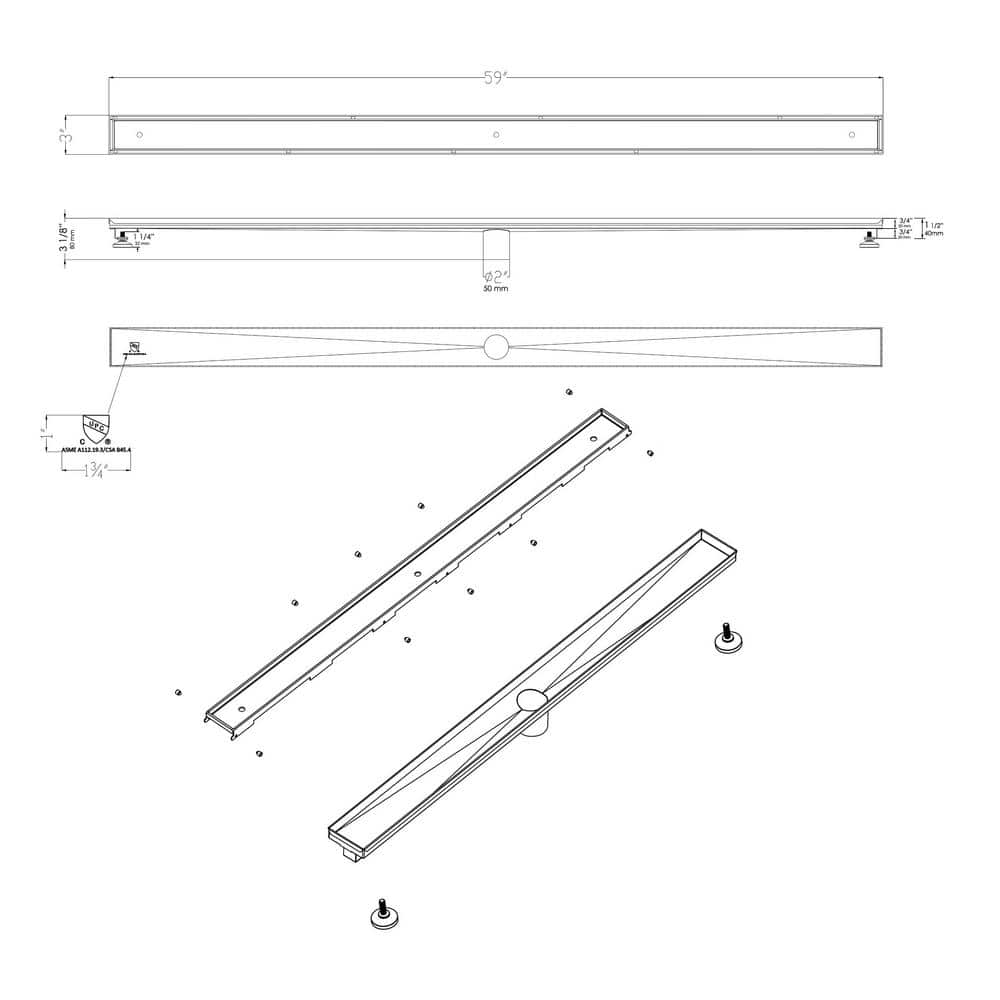 59'' Stainless Steel Linear Shower Drain with Removable Basket Strainer